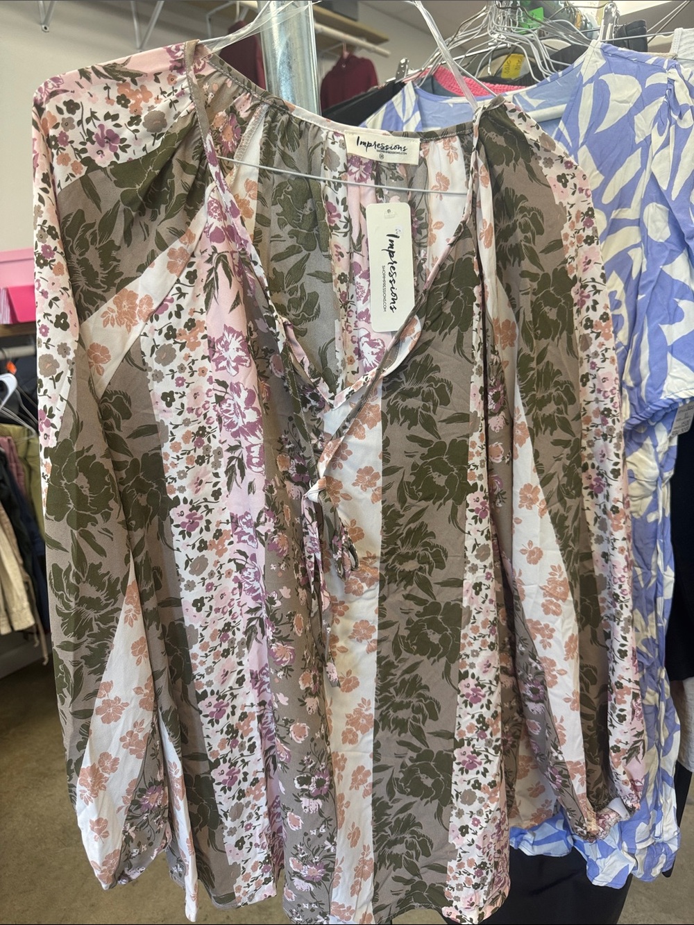 Impressions Floral Patchwork Peasant Blouse — Pink & Olive